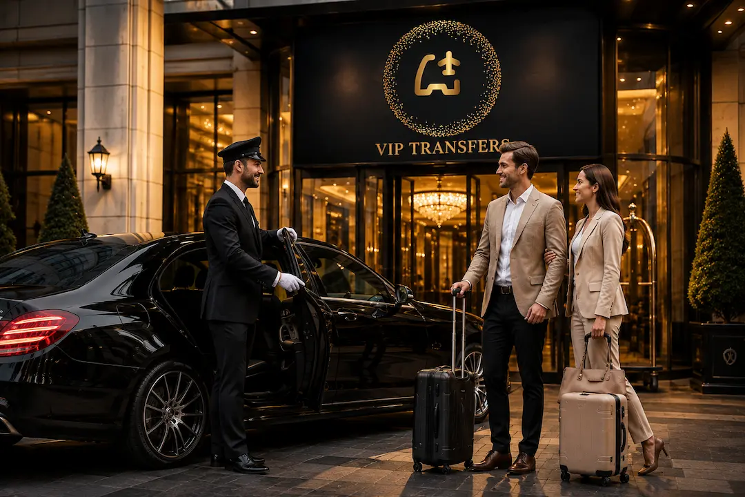 Uniformed VIP Transfers chauffeur greeting clients at a London hotel entrance