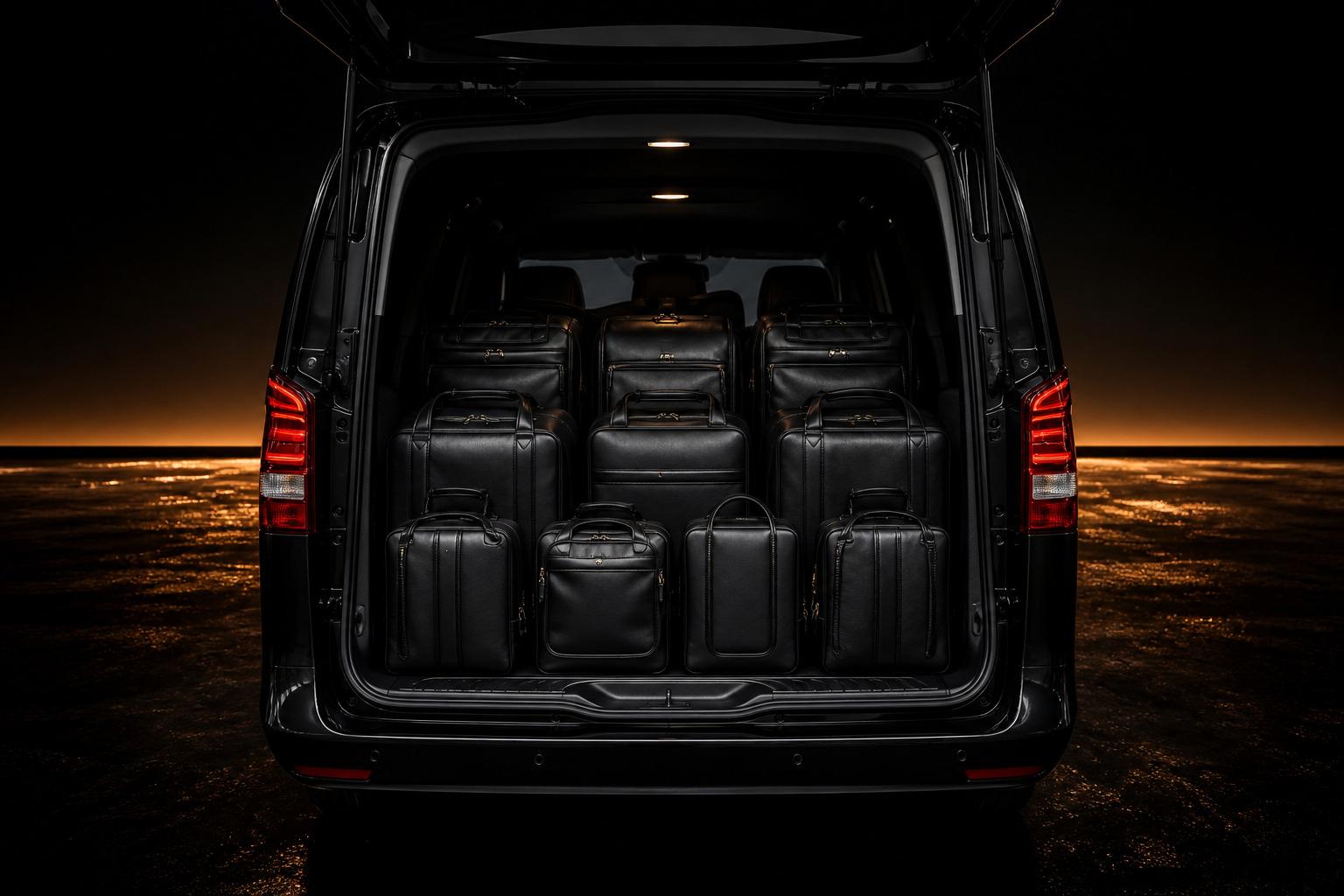 Illustrative suitcase arrangement in an executive van luggage compartment