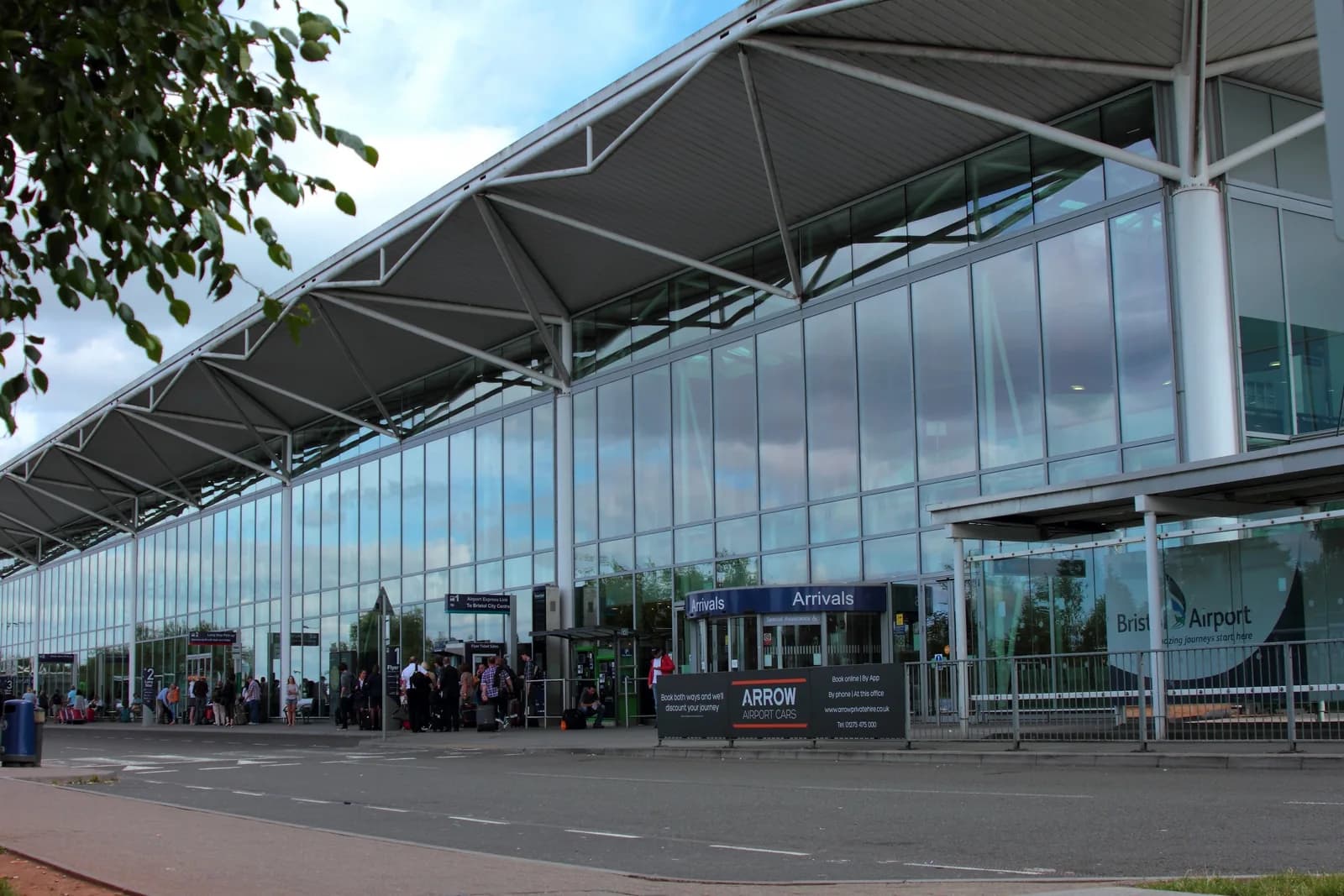 Bristol Airport glass-fronted terminal and arrivals entrance