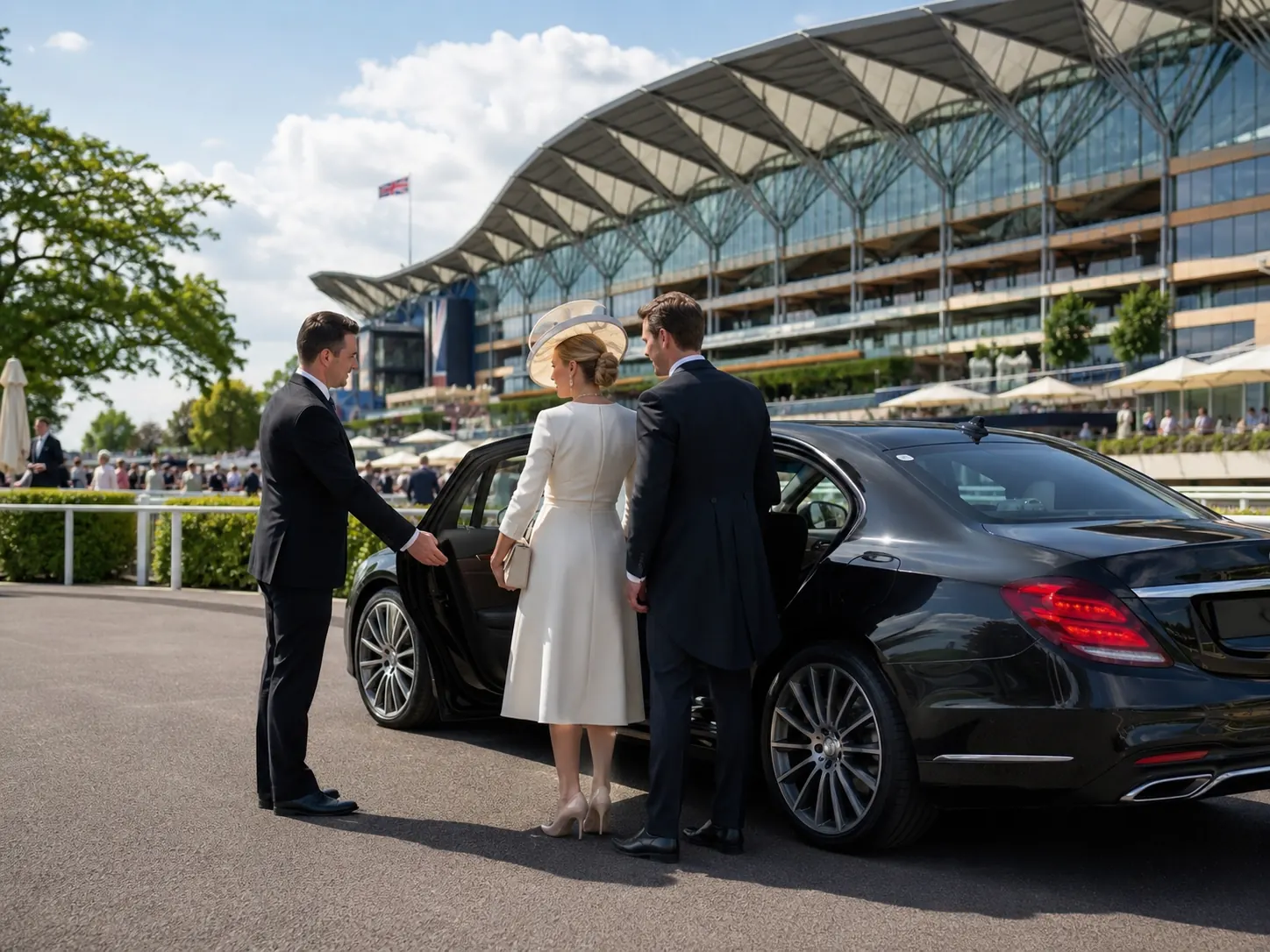 Private chauffeur arrival at Ascot Racecourse for event transfer passengers