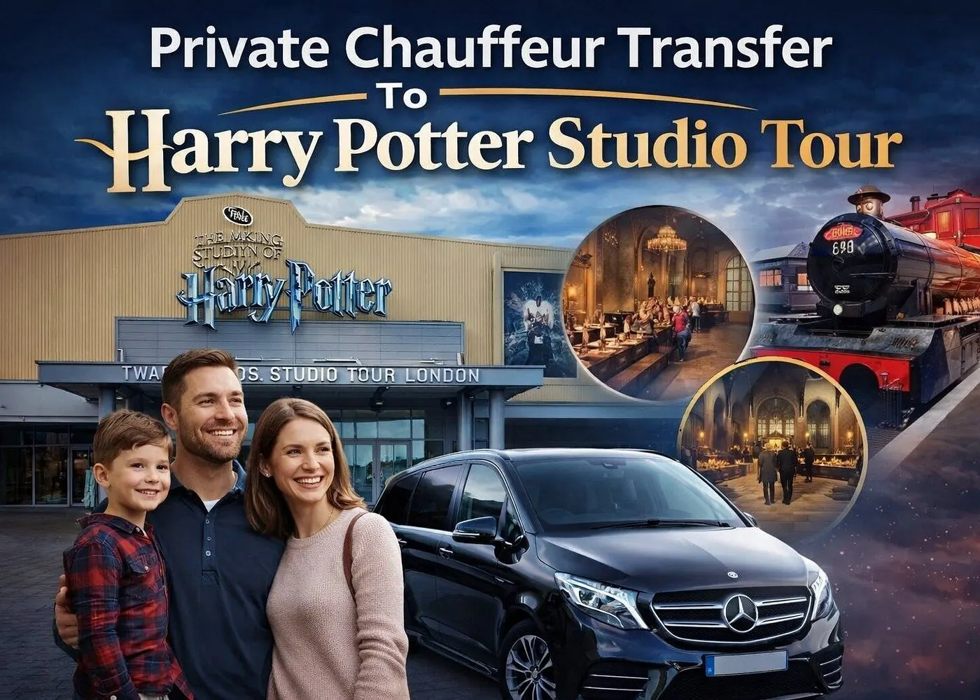 Private chauffeur transfer to Warner Bros Studio Tour London for a family group