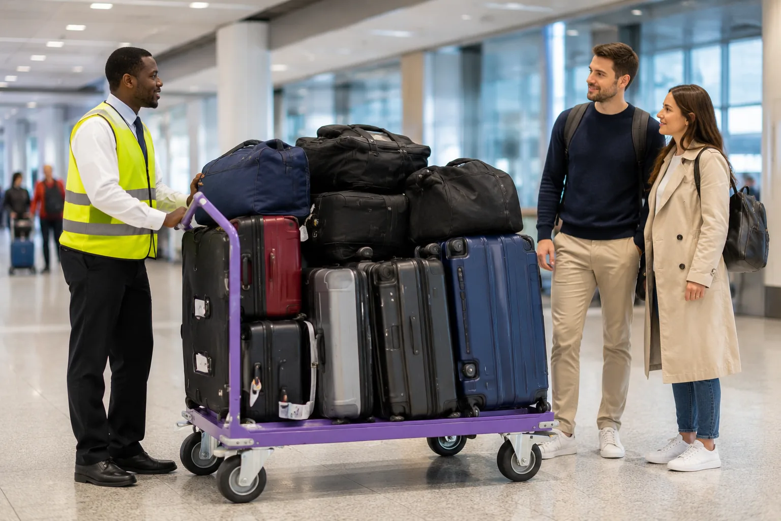 Airport porter service assisting travellers with multiple suitcases