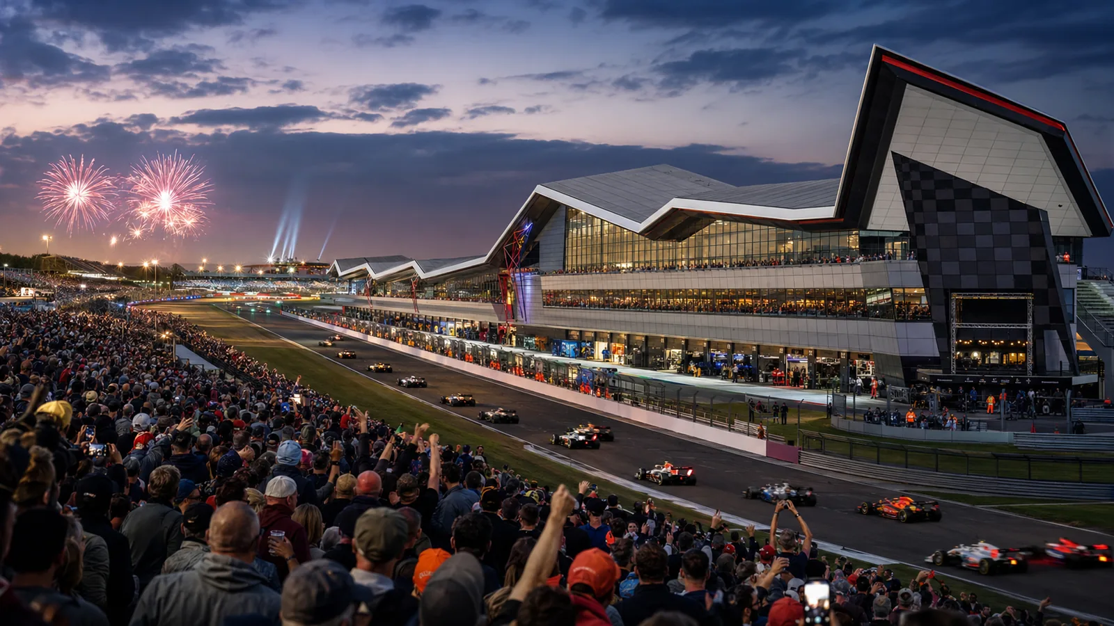Silverstone race weekend event atmosphere with grandstands and track