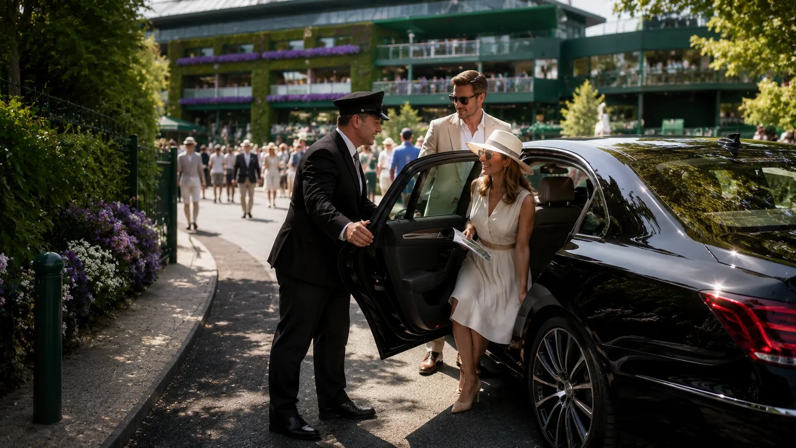Executive chauffeur arriving with guests near a Wimbledon tennis venue
