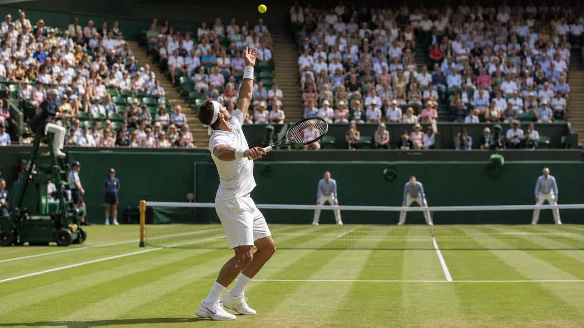 Tennis player serving during a major Wimbledon grass-court match