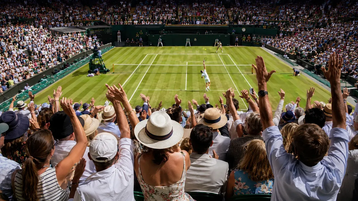 Crowd celebrating during a Wimbledon grass-court tennis event